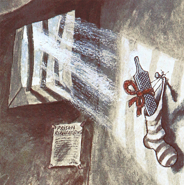 Christmas card with prisoner in cell, detail