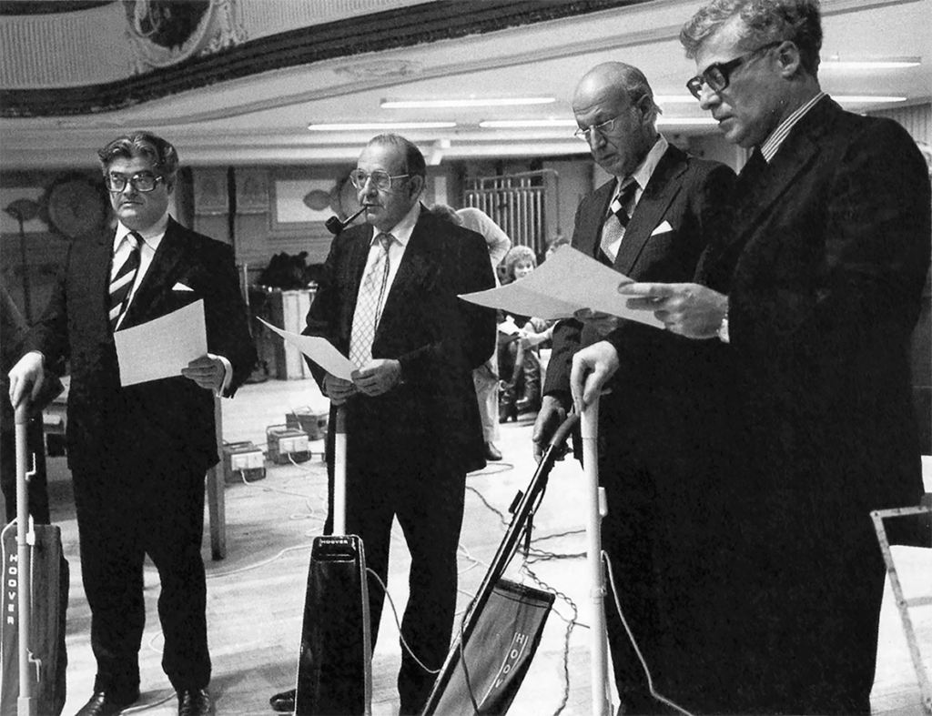 The Amadeus Quartet rehearsing on vacuum cleaners for Malcolm Arnold’s A Grand, Grand Overture
